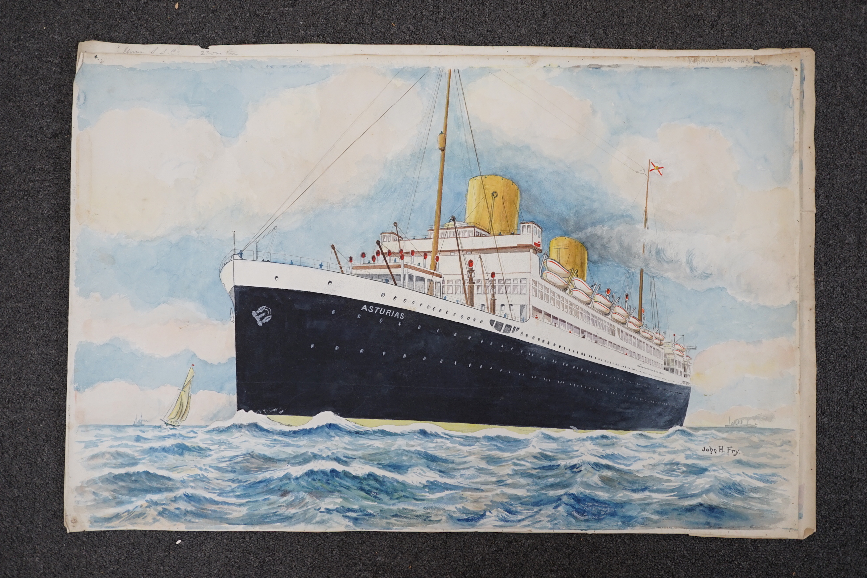 John Hemming Fry (American 1860-1946), four watercolours, Ocean Liners, signed, produced as postcard designs, 48 x 72cm, unframed